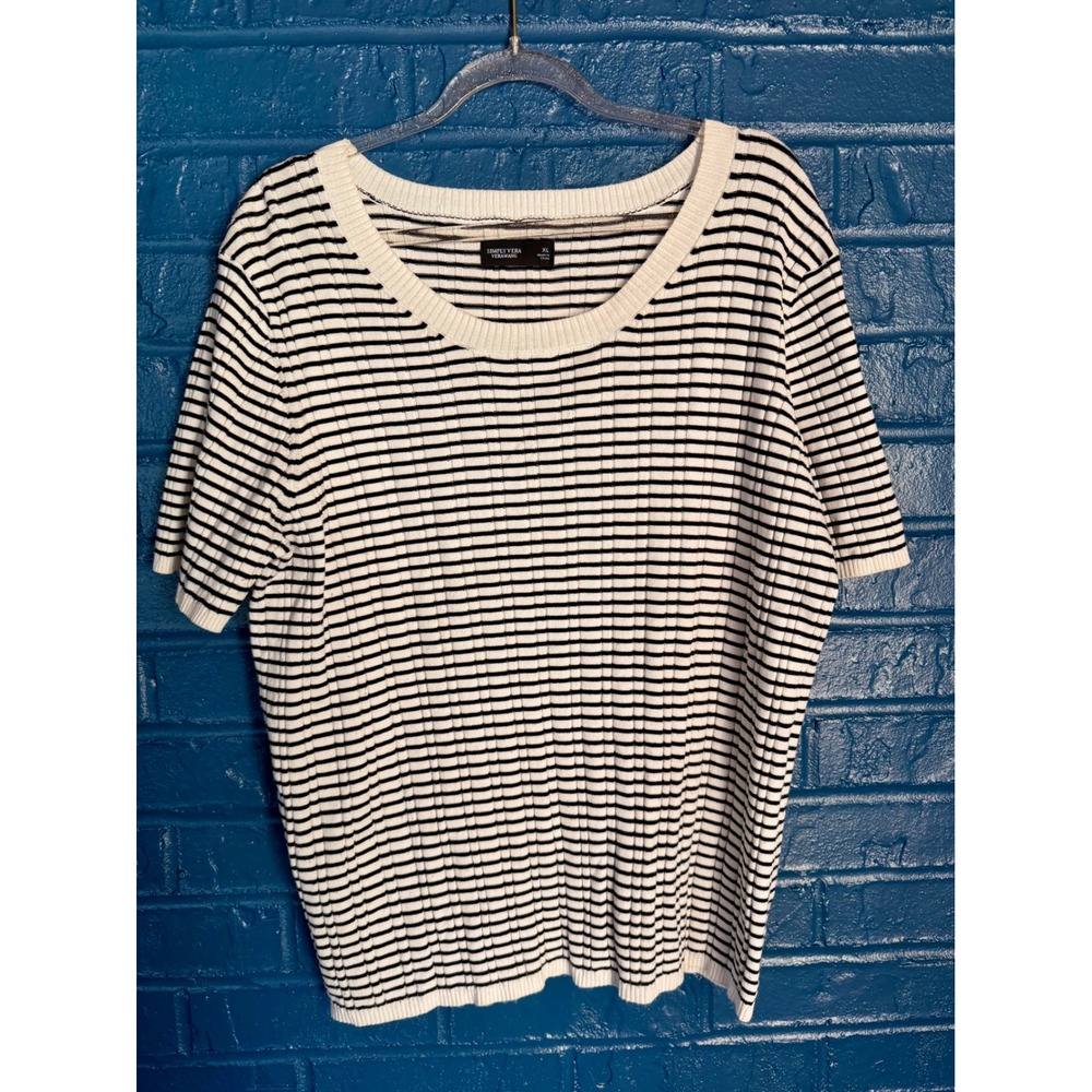 Simply Vera Vera Wang Womens XL Black White Striped Ribbed Short Sleeve Stretchy